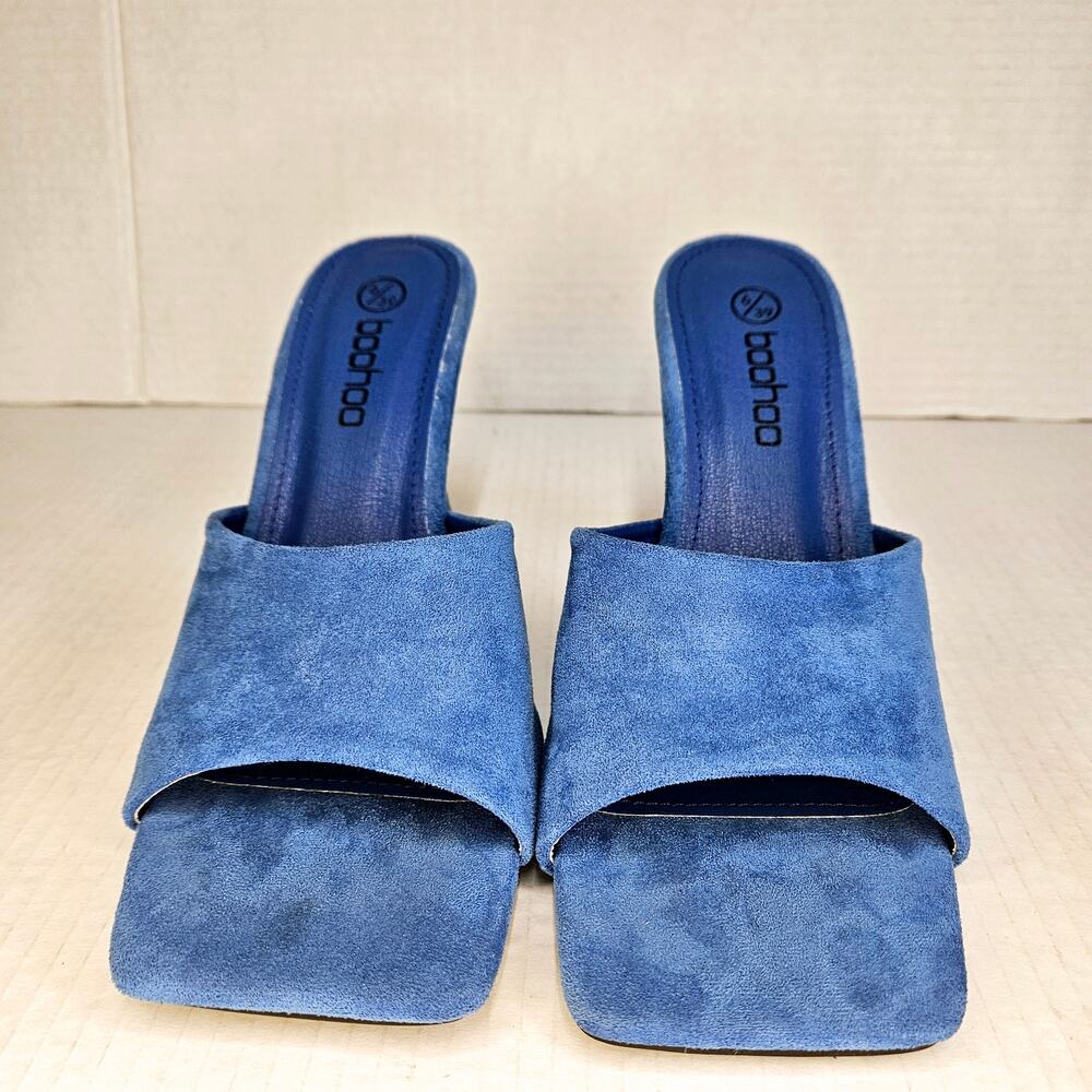 Boohoo Blue Faux Suede Square Toe Slip On Heeled Mule Size 6UK/39EUR/8US - Picture 2 of 10